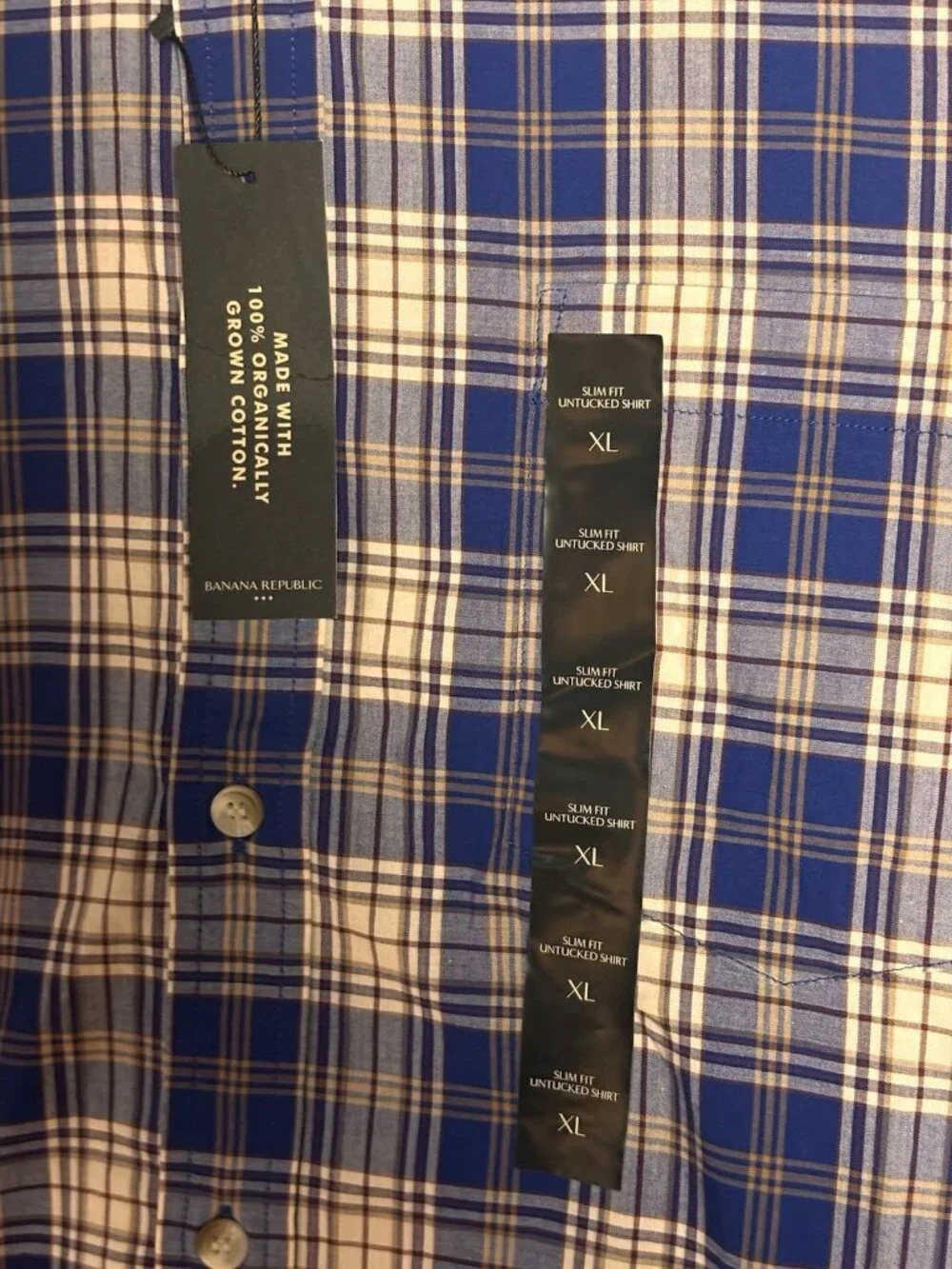Banana Republic XL Slim Fit Plaid Shirt Blue Tan Untucked 17-17.5x36 NWT